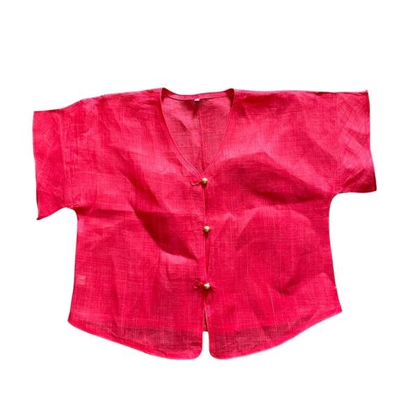 Asian Inspired Red Linen Semi-Sheer Top • Button Up Short Sleeve Size S - Picture 1 of 8